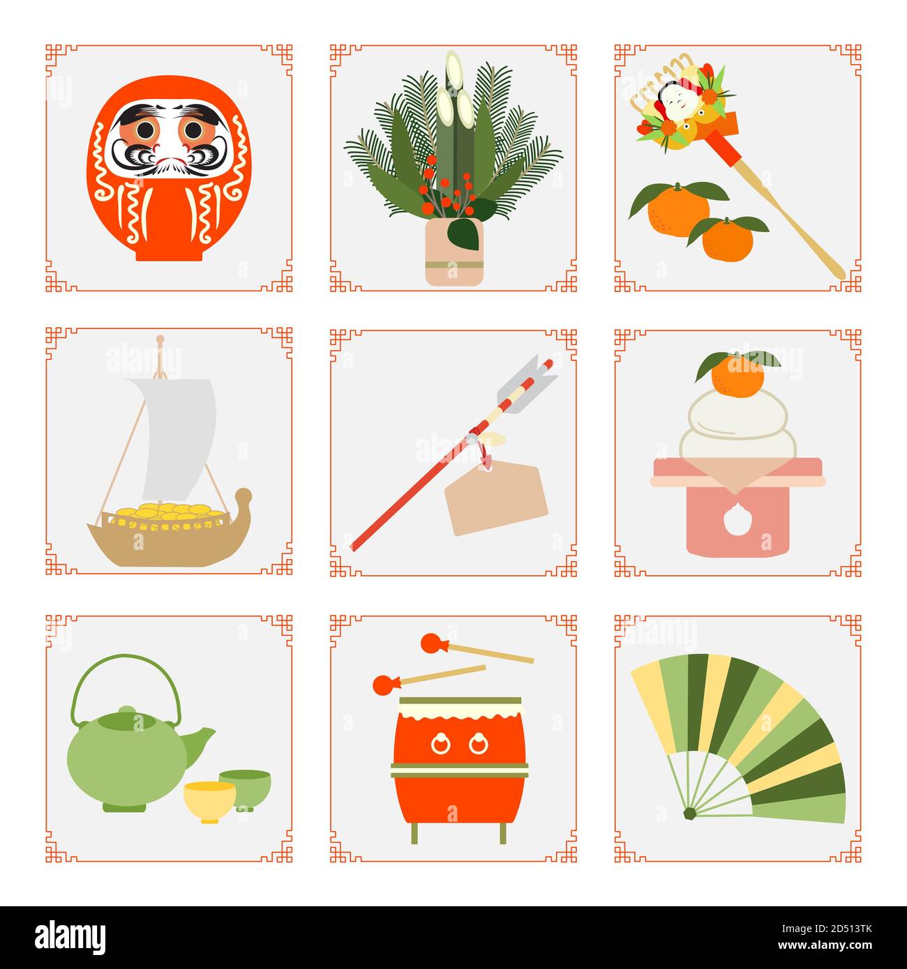 Symbole des japanischen Neujahr 2021 Asiatische Laterne Daruma Mandarinen Pfeil Lebensmittel Rechen Wasserkocher, Tassen, Trommel, Schatzschiff, Kiefer Bambus Dekorationen bei en Stock Vektor