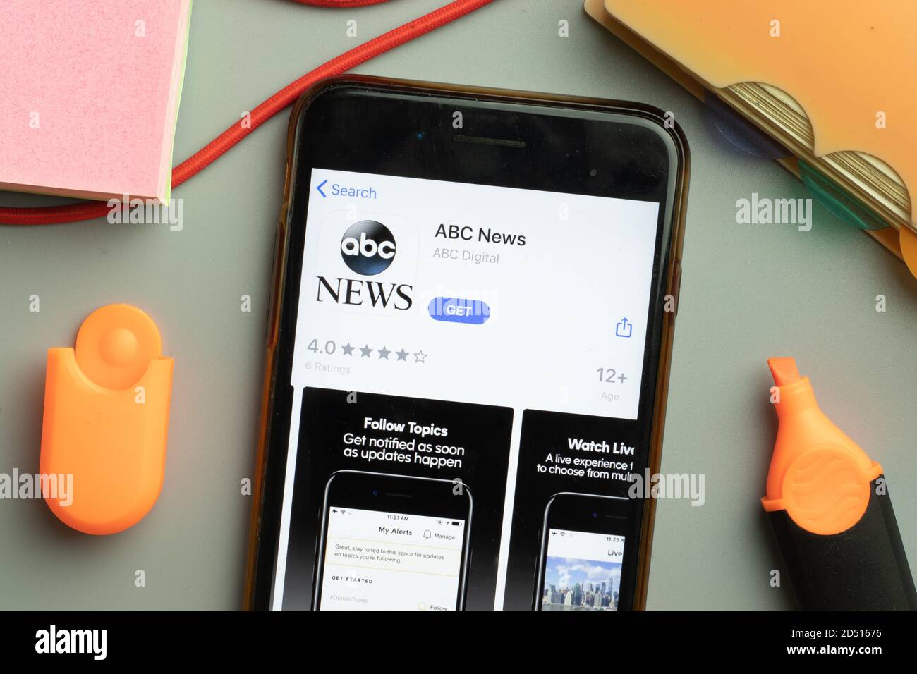 New York, USA - 29. September 2020: ABC News Mobile App Logo auf dem Handy-Bildschirm Nahaufnahme, illustrative Editorial Stockfoto