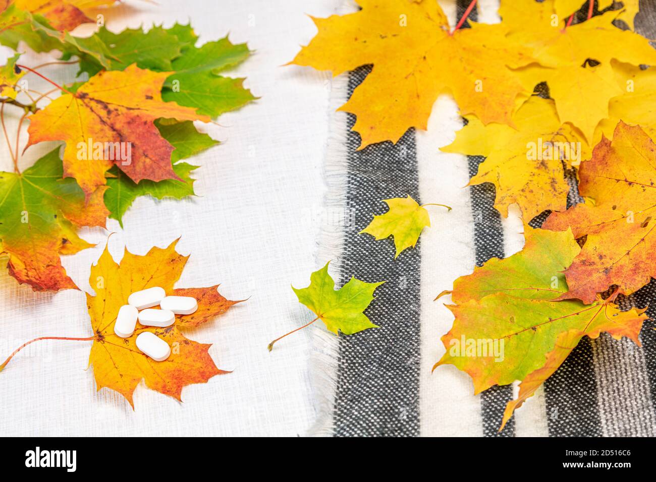 Stillleben auf weißem Hintergrund Ahornblätter, Pillen und ein warmer Schal, Konzept, kümmern sich um den Herbst, Gesundheit. Hochwertige Fotos Stockfoto