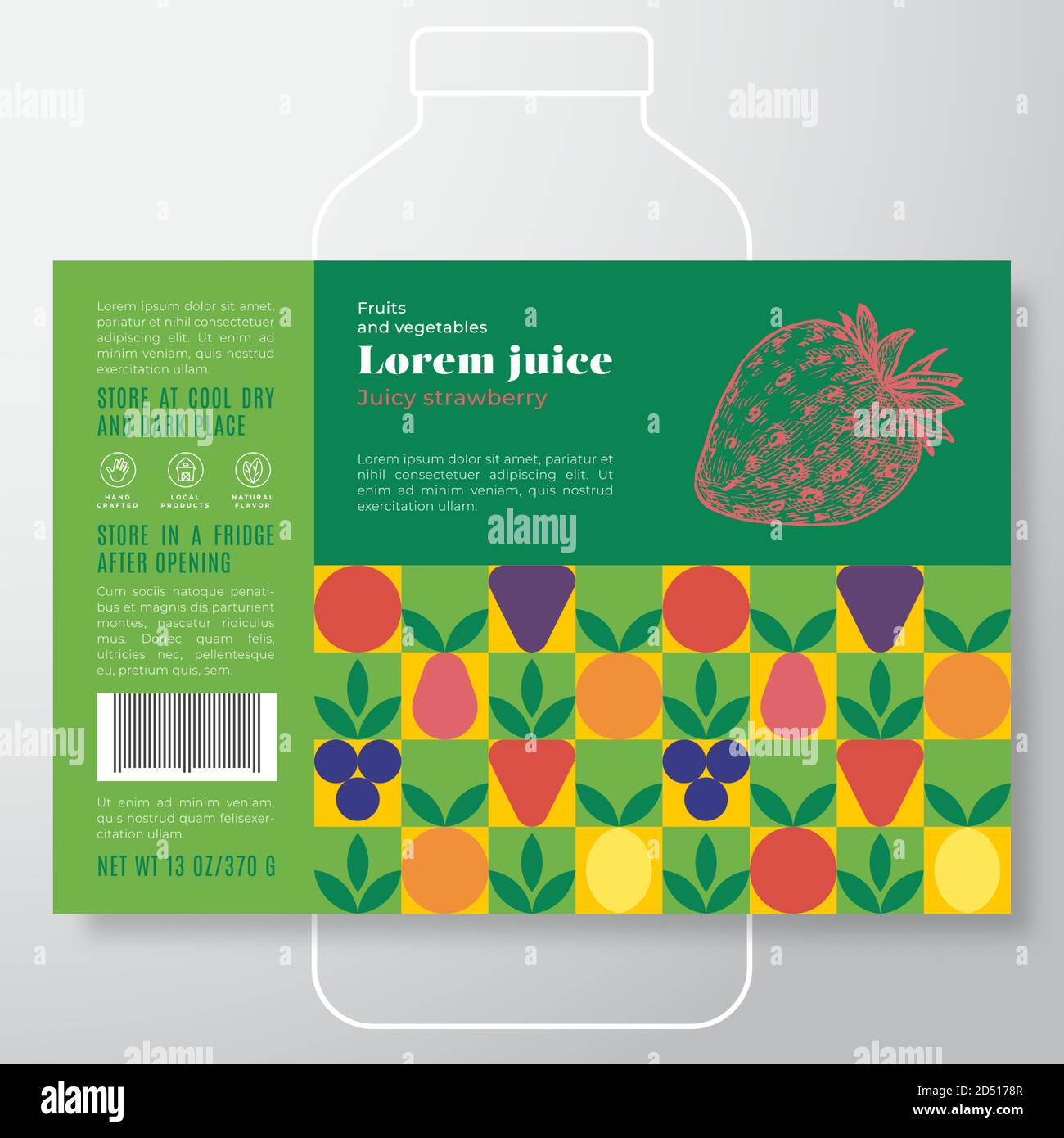 Obst und Gemüse Muster Saft Label Vorlage. Abstraktes Vektor-Verpackungsdesign-Layout. Modernes Typografie-Banner mit handgezeichneter Erdbeere Stock Vektor