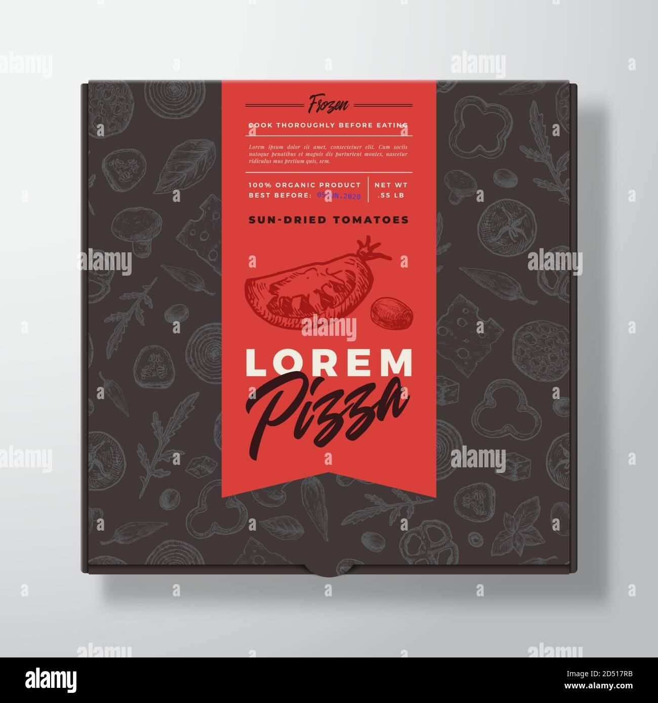 Sonnengetrocknete Tomaten Gefrorene Pizza Realistische Karton-Box. Abstraktes Vektor-Verpackungsdesign oder -Etikett. Moderne Typografie, Skizze Nahtloses Lebensmittelmuster Stock Vektor