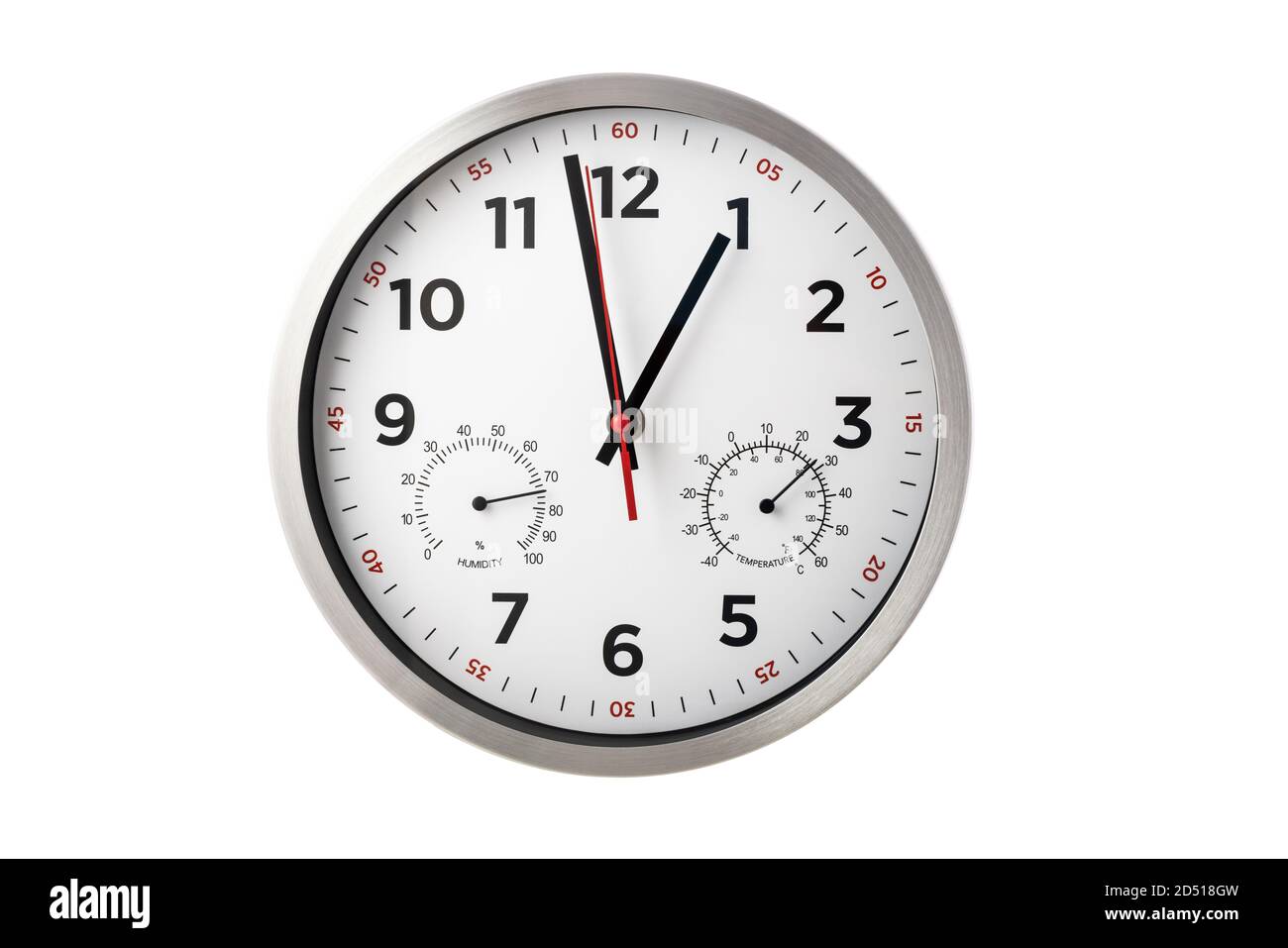 Moderne Wanduhr zeigt Stunden, Minuten, Temperatur, Feuchtigkeit isoliert auf weiß Stockfoto