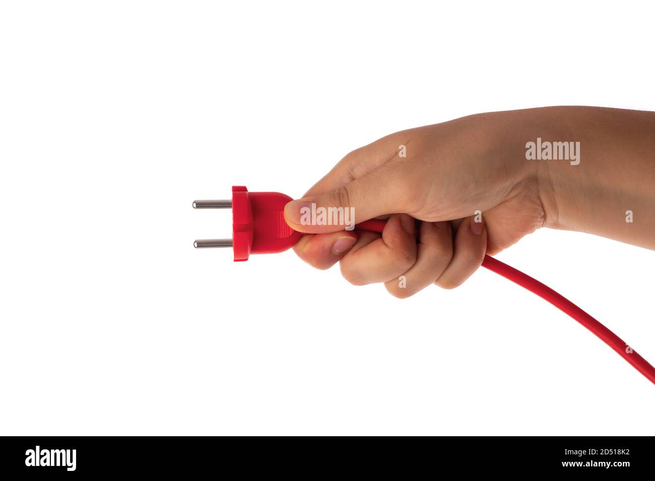 Elektrischer Stecker mit Handgriff auf weißem Hintergrund isoliert. Rotes Kabel, Elektronik. Stockfoto
