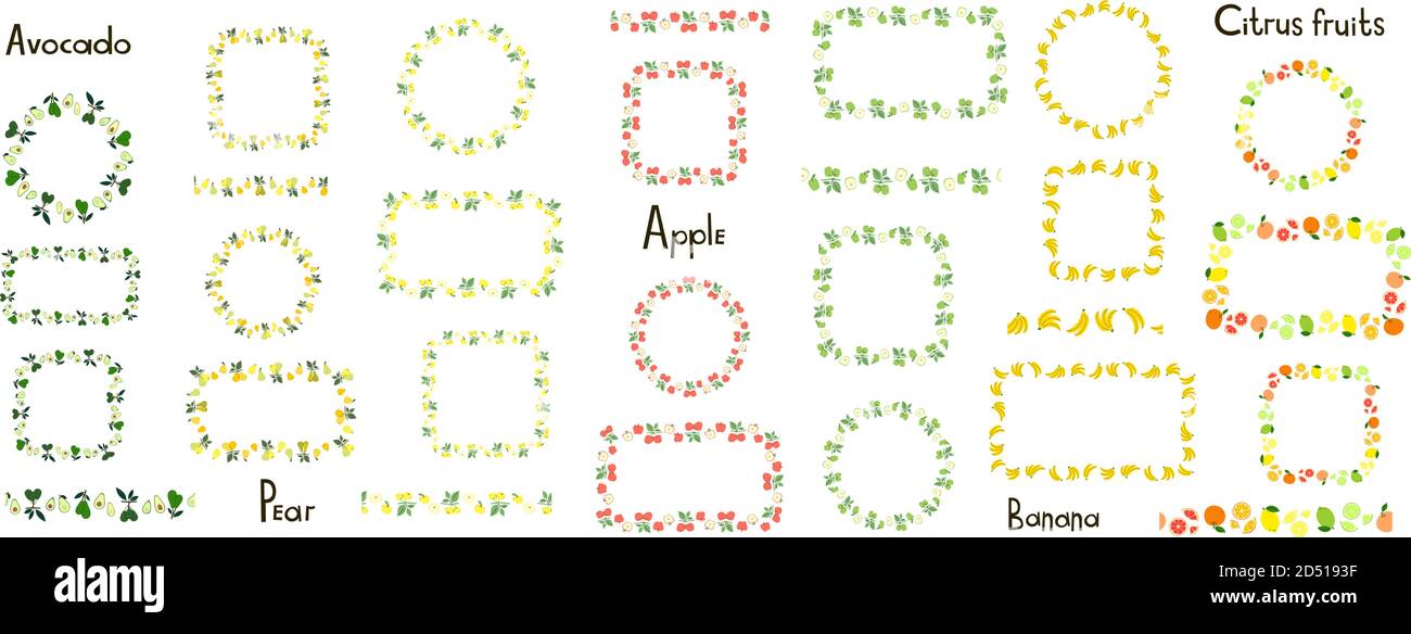 Set von dekorativen Vektorrahmen und Rahmen isoliert auf einem weißen Hintergrund. Avocado, Birne, Apfel, Banane, Zitrusfrüchte. Endless Pinsel, floral Stock Vektor