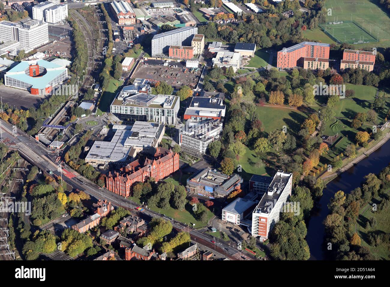 Luftaufnahme der Universität von Salford im Großraum Manchester, Großbritannien Stockfoto