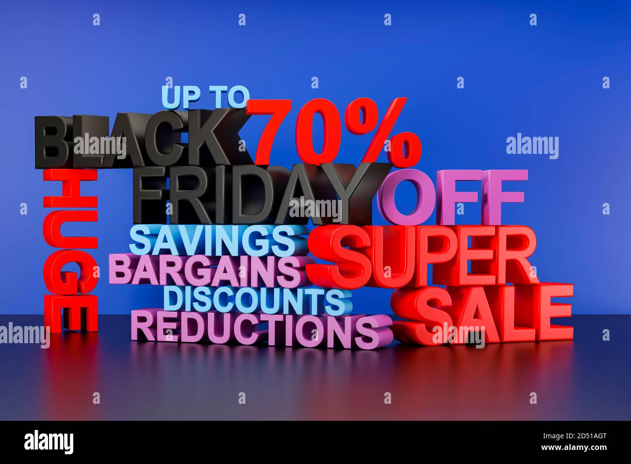 Black Friday super Verkauf 3D Textblock Hintergrund, Poster oder Banner mit Wörtern einschließlich schwarz, freitag, super, Verkauf, riesig, Einsparungen, Schnäppchen, Rabatte Stockfoto