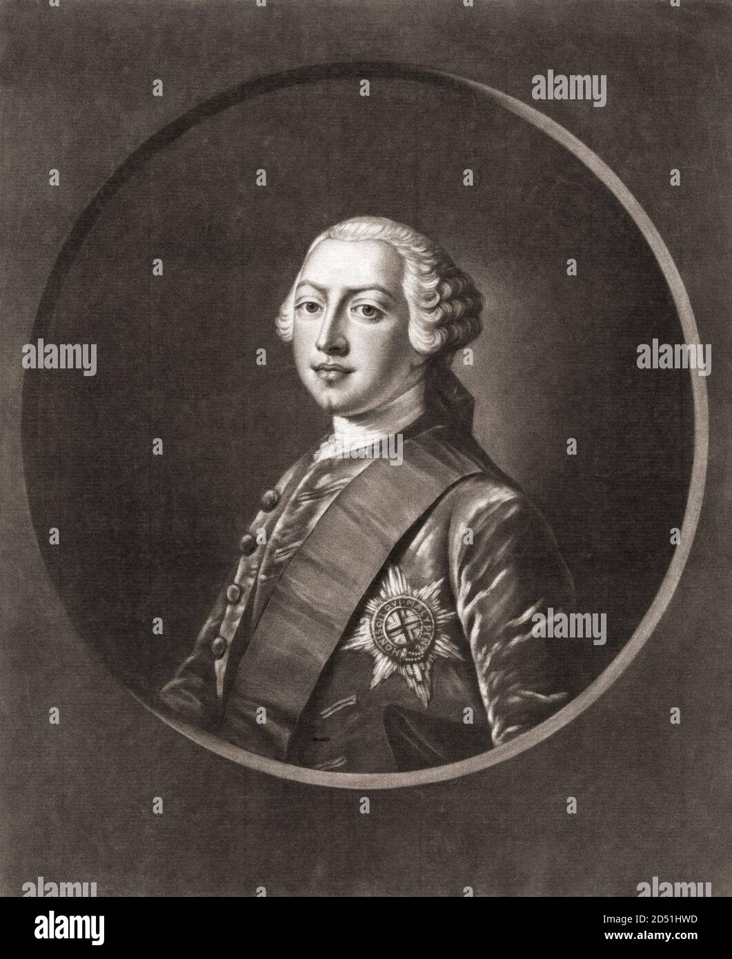 König Georg III. Von England als Prinz von Wales. George III (George William Frederick) 1738 - 1820. König des Vereinigten Königreichs von Großbritannien und Irland. Nach einem Stich von Richard Houston aus dem 18. Jahrhundert nach einem Werk von Henry Robert Morland. Stockfoto