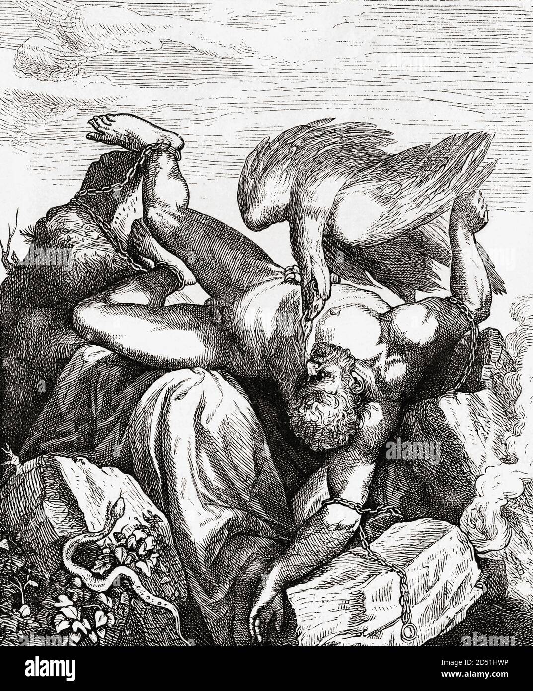 Prometheus. Alte griechische Figur, die den Göttern trotzte, indem sie der Menschheit Feuer gab. Dafür wurde er bestraft, indem er an einen Felsen gebunden wurde. Jeden Tag wurde ein Adler geschickt, um seine Leber zu essen, die in der Nacht wieder aufwuchs. Von dieser ewigen Qual wurde er von Herkules befreit. Nach einem Stich des niederländischen Künstlers Cornelis Cort, nach einem Gemälde von Tizian. Stockfoto