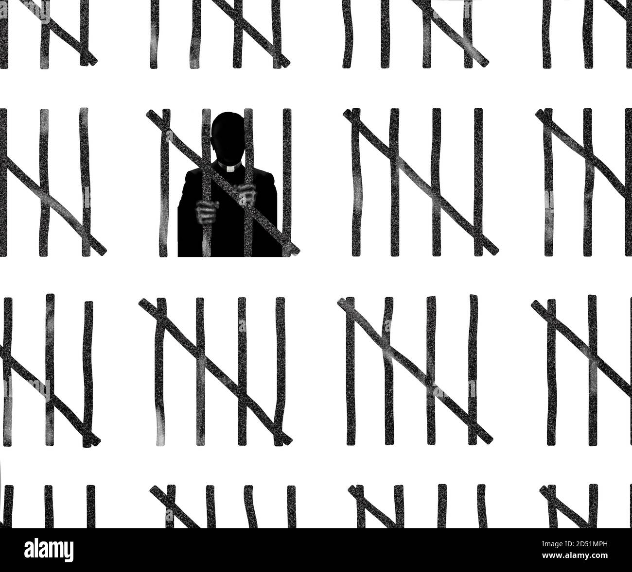 Ein Priester in einem weißen Kragen ist hinter Gittern mit Linien Zählung der Tage bis zur Freilassung gesehen. Stockfoto