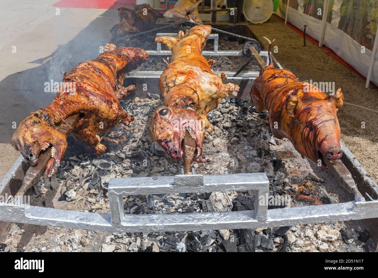 Lämmer und Schwein Braten über Kohle bei Rotisserie Spit Stockfoto