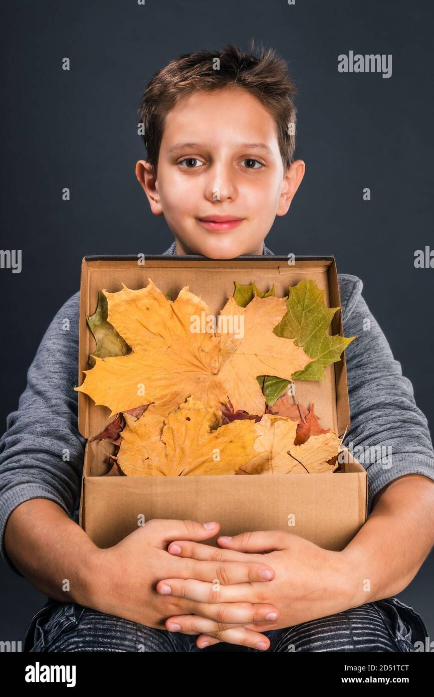 Junge jubelt im Herbst und genießt seinen Schatz mit bunten Ahornblätter Stockfoto