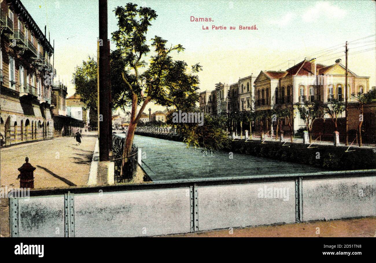 Damas Damaskus Syrien, La Partie au Barada, Brücke, Fluss, Gebäude weltweit im Einsatz Stockfoto