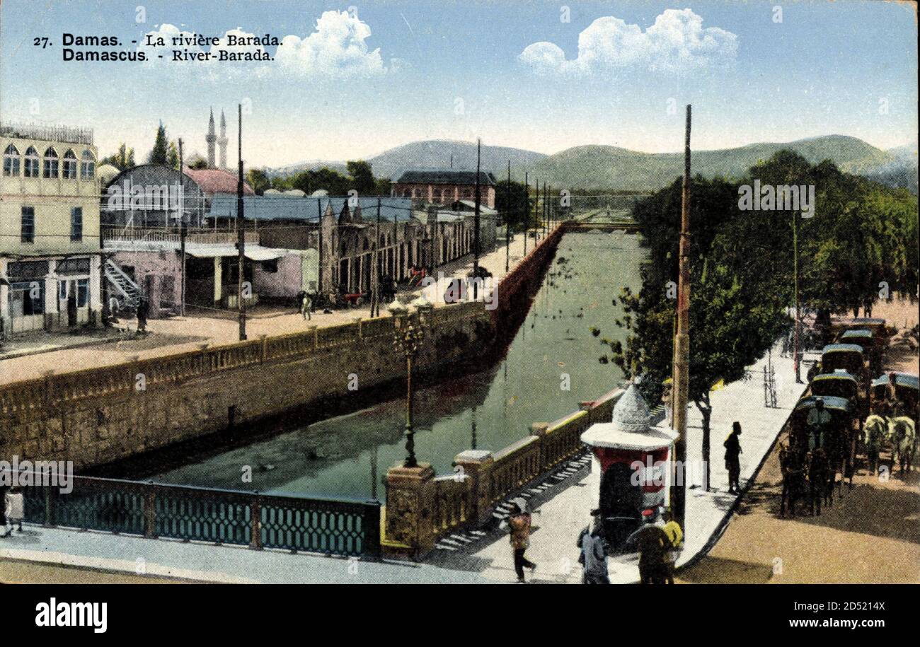 Damaskus Syrien, River Barada, La riviere Barada, Pferdekutsche Stockfoto