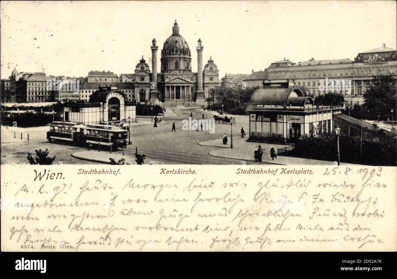 Wien Wieden, Stadtbahnhof, Karlskirche, Stadtbahnhof Karlsplatz, Tram weltweit im Einsatz Stockfoto