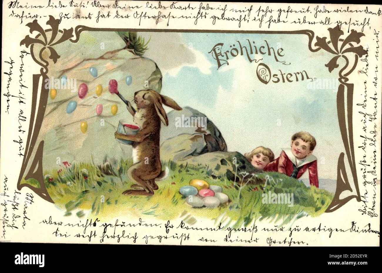 Glückwunsch Ostern, Osterhase malt Ostereier an die Wand - weltweit im Einsatz Stockfoto