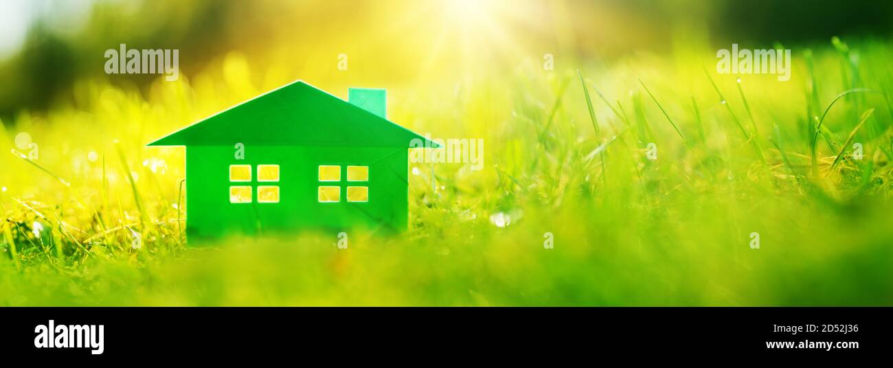 Grünes Haus auf dem frischen Gras an einem sonnigen Tag. Stockfoto