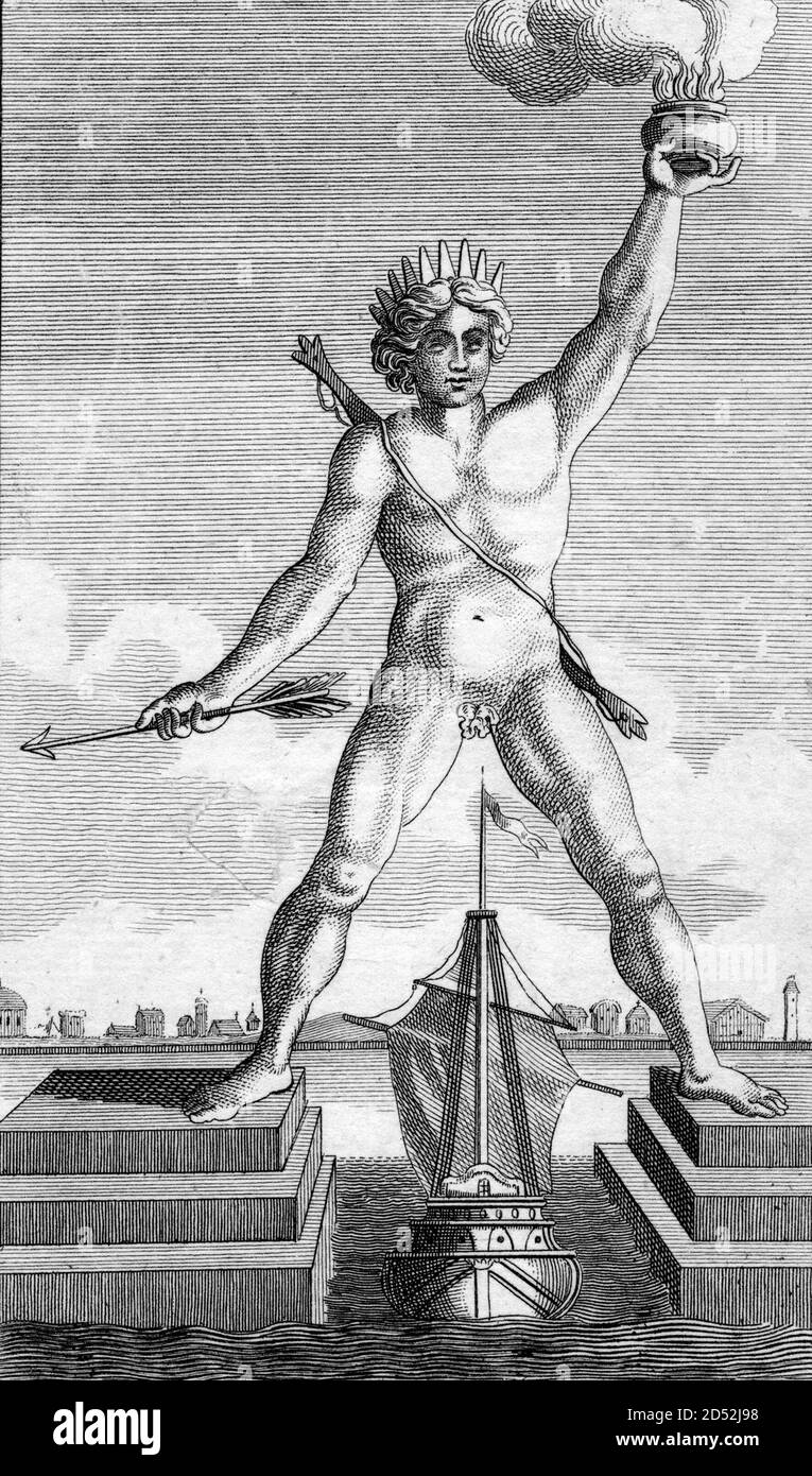 Koloss von Rhodos, Radierung aus dem 18. Jahrhundert nach einem Druck von Johann Bernhard Fischer von Erlach Stockfoto
