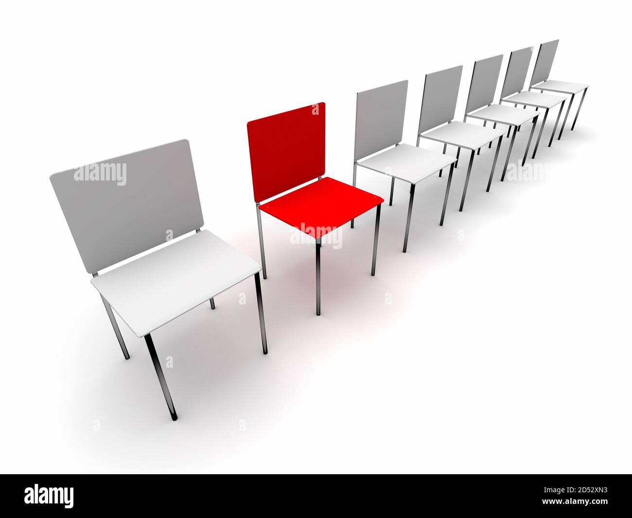 Konzept Reihe von Stühlen. Ein individueller und einzigartiger roter Stuhl in der Nähe von Weiß. 3d-Rendering Stockfoto