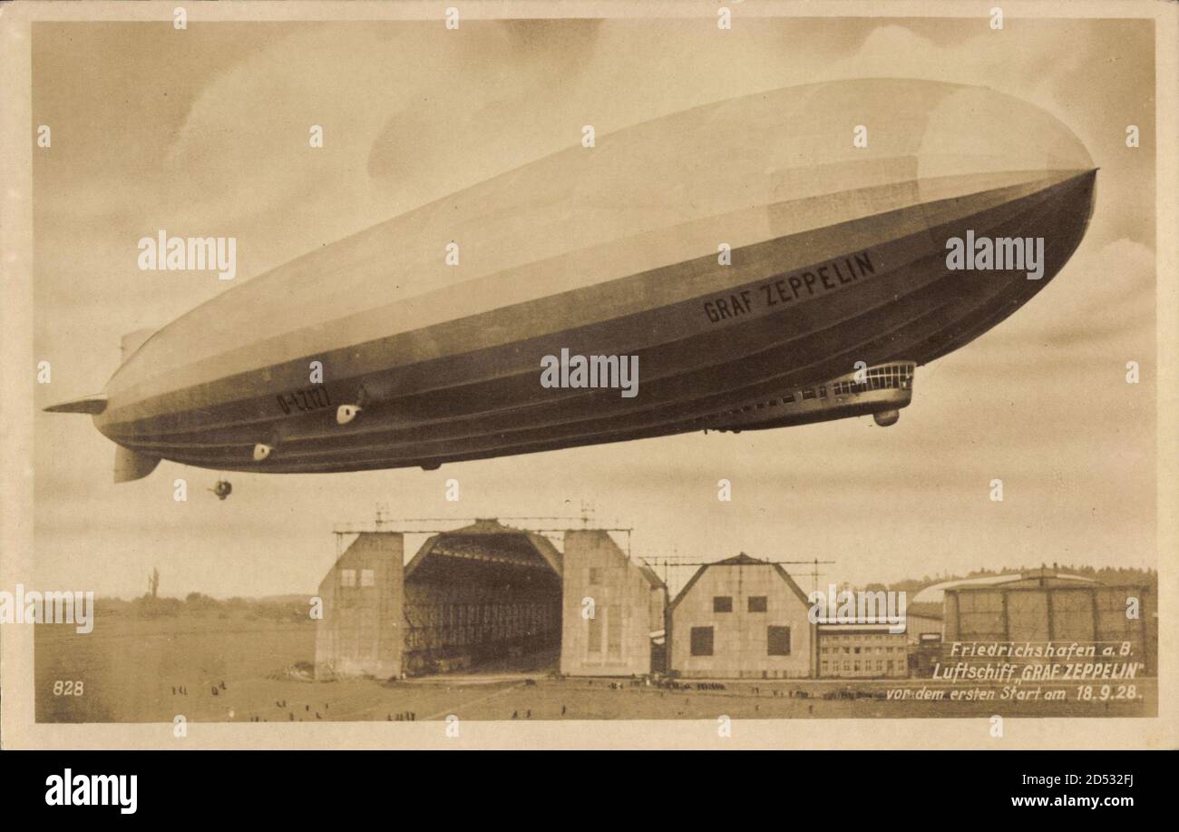 Friedrichshafen im Bodenseekreis, LZ 127, Graf Zeppelin, Luftschiffwerft weltweit im Einsatz Stockfoto