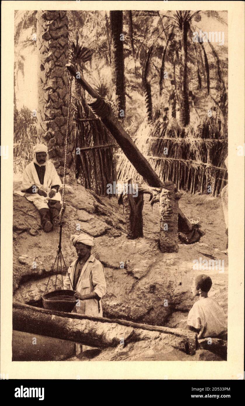 Ouargla Algerien, Puits a Bascule, Blick auf einen Brunnen, Palmen Stockfoto