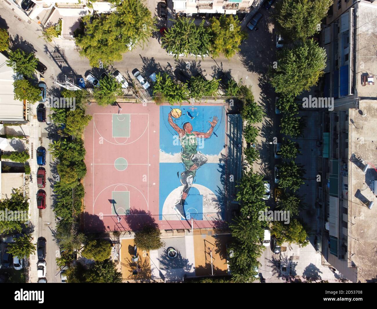 Luftaufnahme der Basketballplätze in Sepolia, Athen Stockfoto