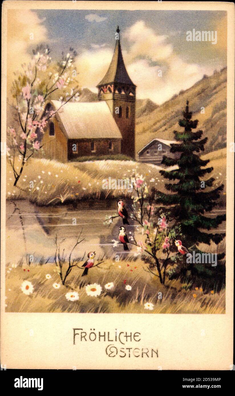 Glückwunsch Ostern, Vögel auf blühendem Strauch, Kirche, Fluss Stockfoto Glückwunsch Ostern, Vögel auf blühendem Strauch, Kirche, Fluss Stockfoto