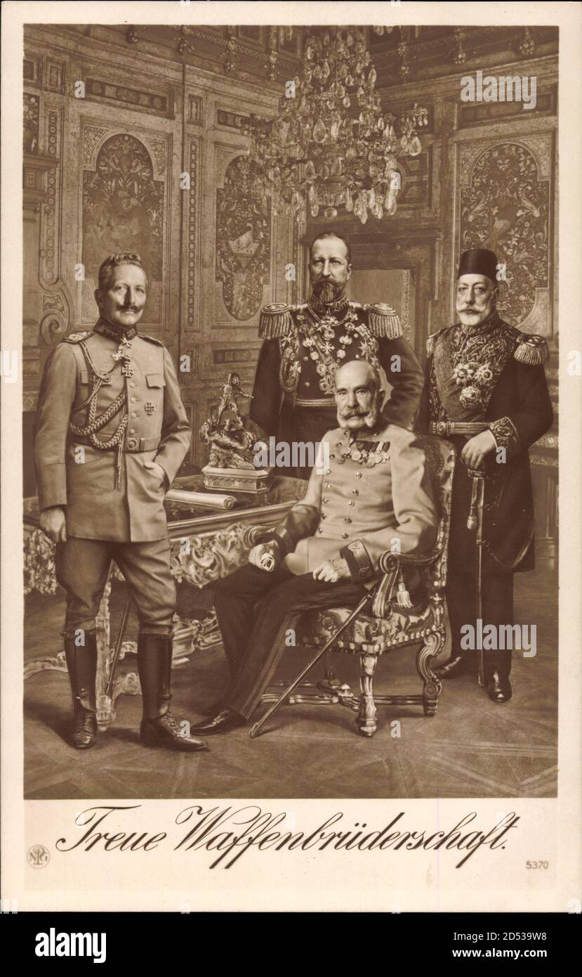 Treue Waffenbrüderschaft, Wilhelm II., Franz Joseph, Ferdinand I., Mehmed V. weltweit im Einsatz Stockfoto