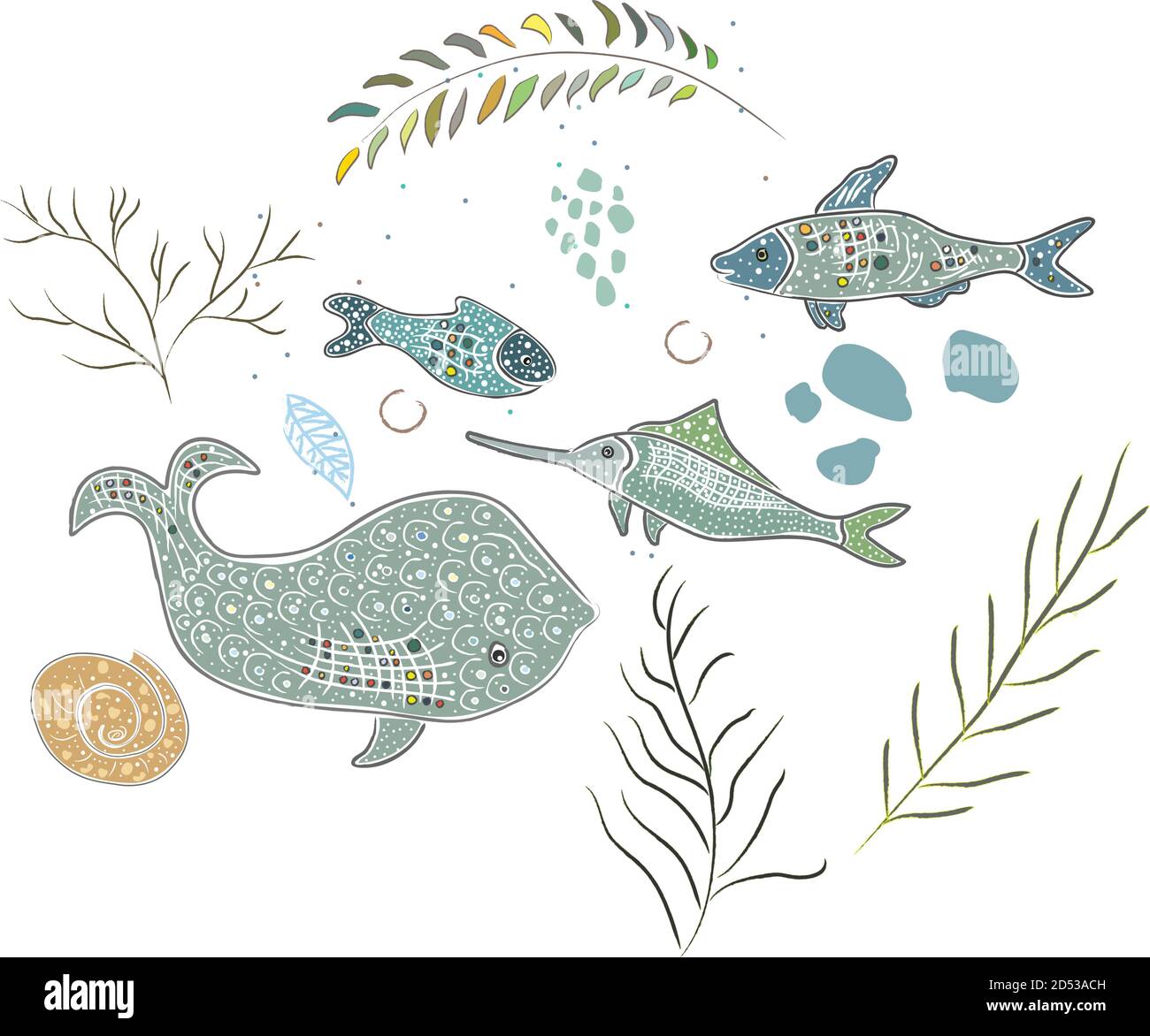 Cute Winter Symbol mit Ozean Fisch und Algen. Hand gezeichnet, im skandinavischen Stil. Vector Illustration Stock Vektor