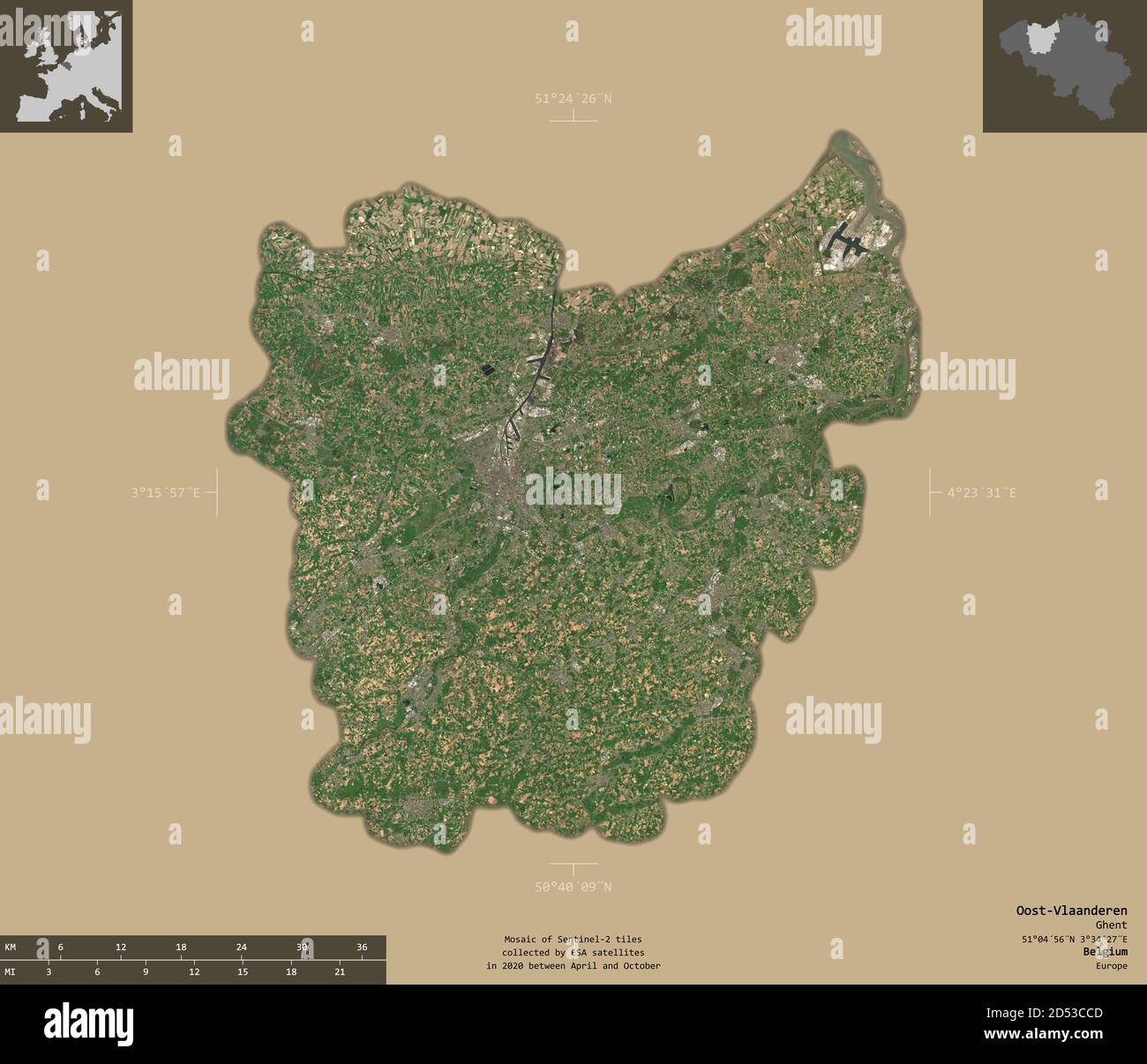 Oost-Vlaanderen, Provinz Belgien. Sentinel-2 Satellitenbilder. Form isoliert auf durchgehenden Hintergrund mit informativen Überlagerungen. 3D-Rendering Stockfoto