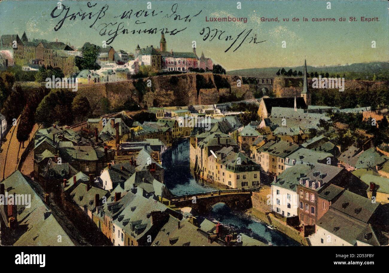 Grund Luxemburg, vue de la caserne du St. Esprit, Fluss, Brücke, Kirchturm weltweit im Einsatz Stockfoto