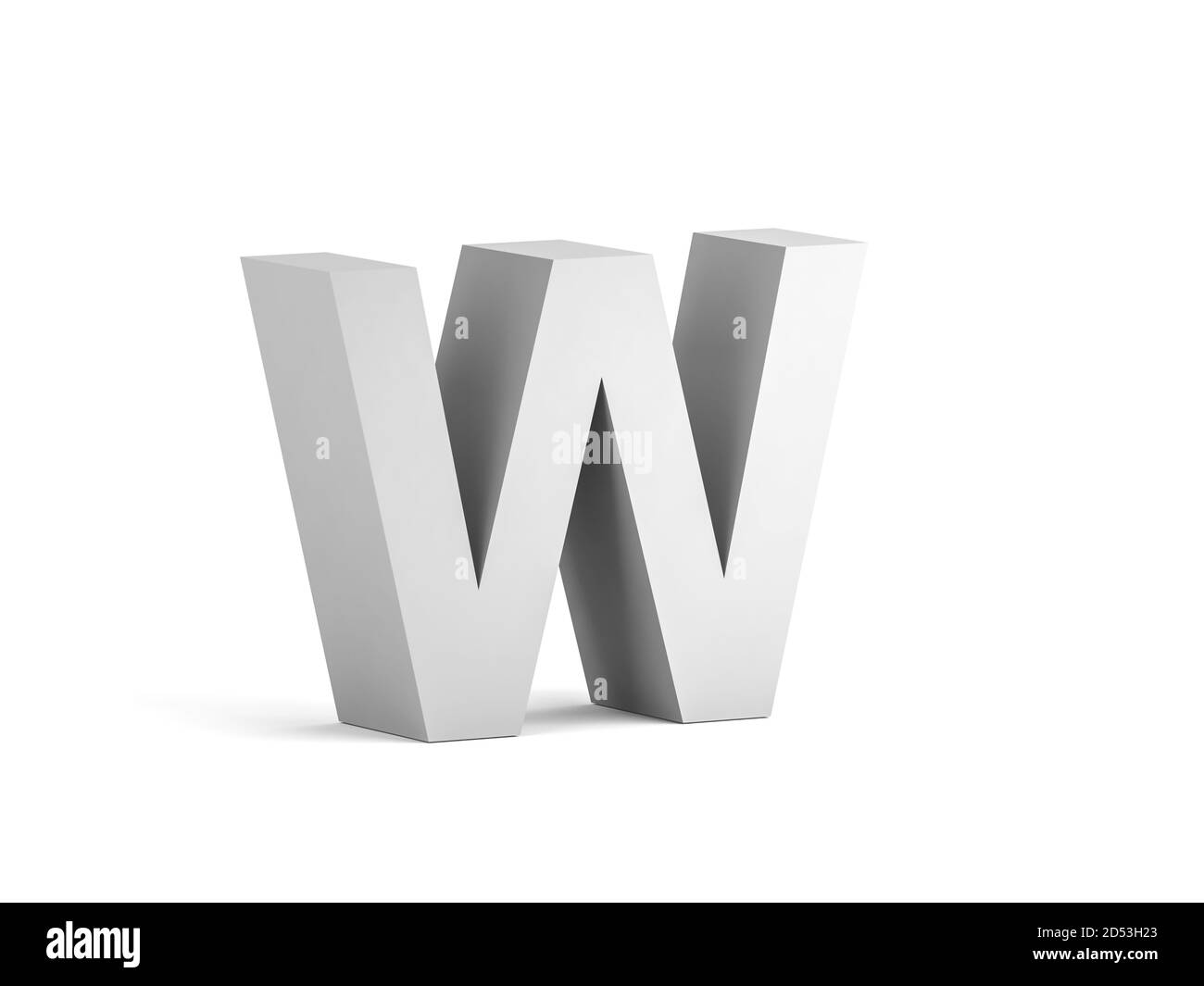 Weißer fetter Buchstabe W isoliert auf weißem Hintergrund mit weichem Schatten, 3d-Rendering-Illustration Stockfoto