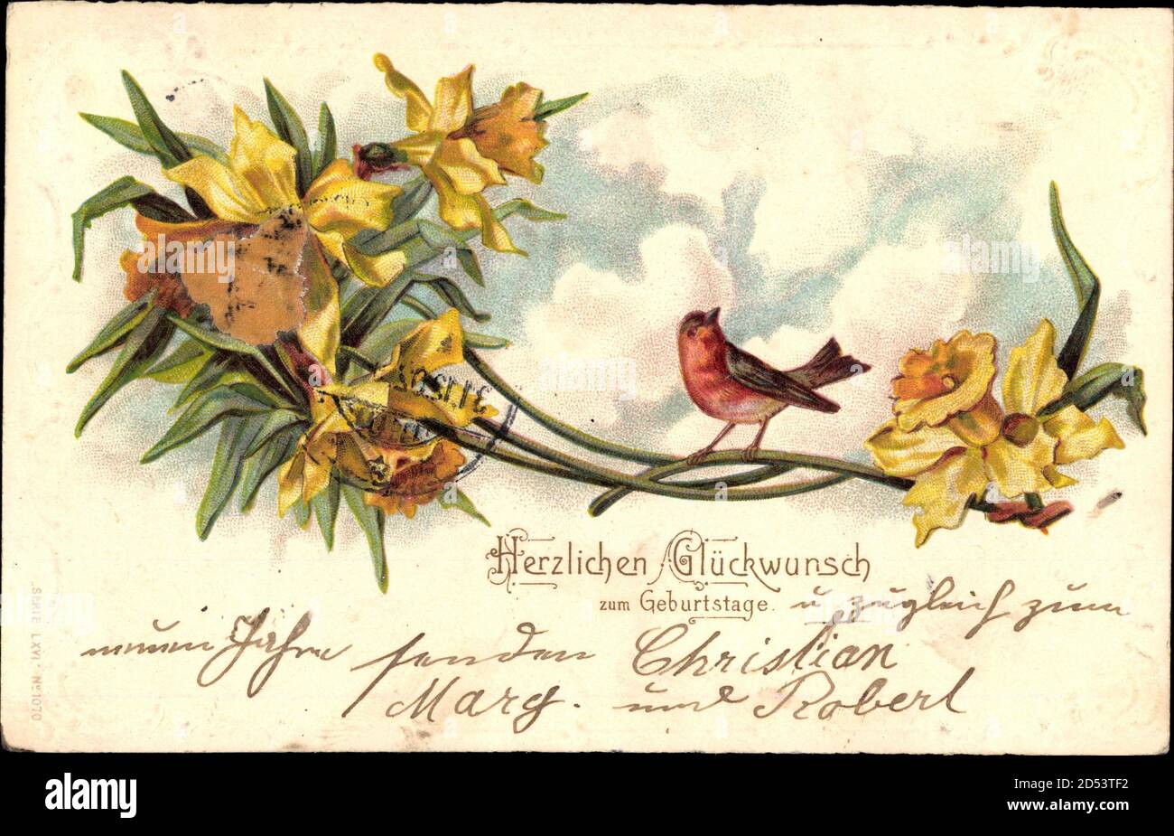 Glückwunsch Geburtstag, Vogel auf einem Ast, OsterglockenVerwendung weltweit Stockfoto Glückwunsch Geburtstag, Vogel auf einem Ast, OsterglockenVerwendung weltweit Stockfoto