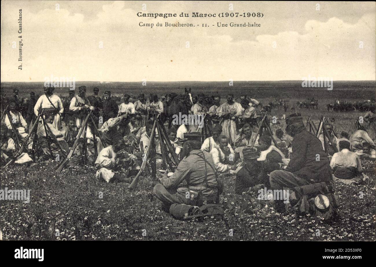 Camp du Boucheron Marokko, Une Grand halte, Soldaten, Campagne 1907 1908 - weltweite Nutzung Stockfoto