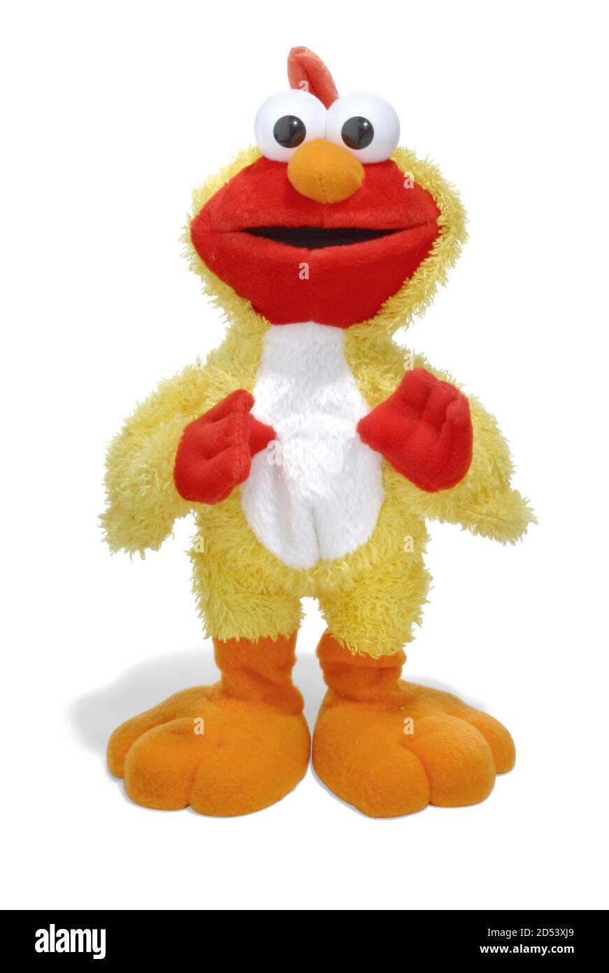 Elmo in einem Hühneranzug auf weißem Hintergrund fotografiert Stockfoto