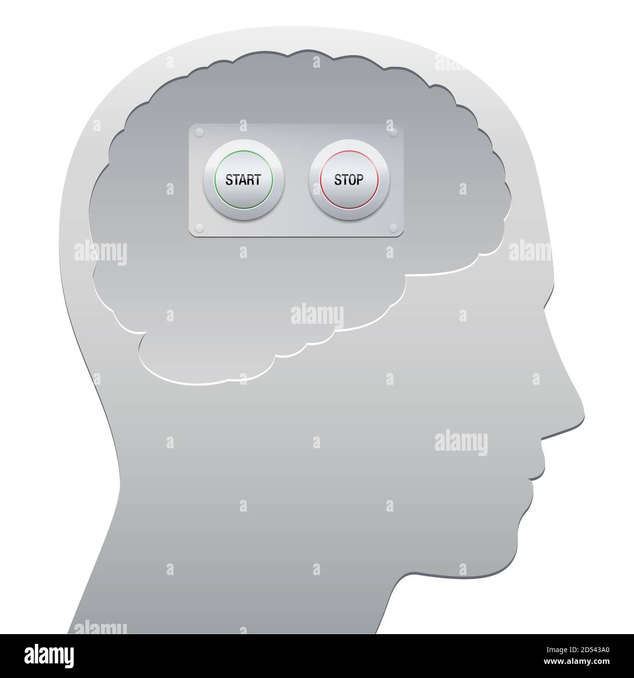 Menschliches Gehirn mit Start- und Stopp-Taste, symbolisch für Konzentration, Schwäche des Denkens, einfach entspannen dazwischen oder für eine unfokussierte, geistlose. Stockfoto