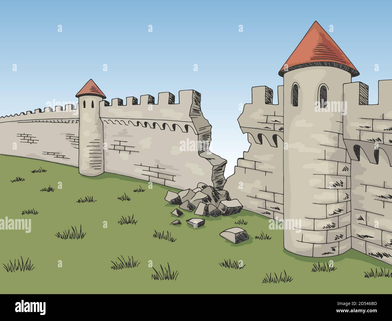 Gebrochene Wand mittelalterliche Burg Grafik Farbe Skizze Illustration