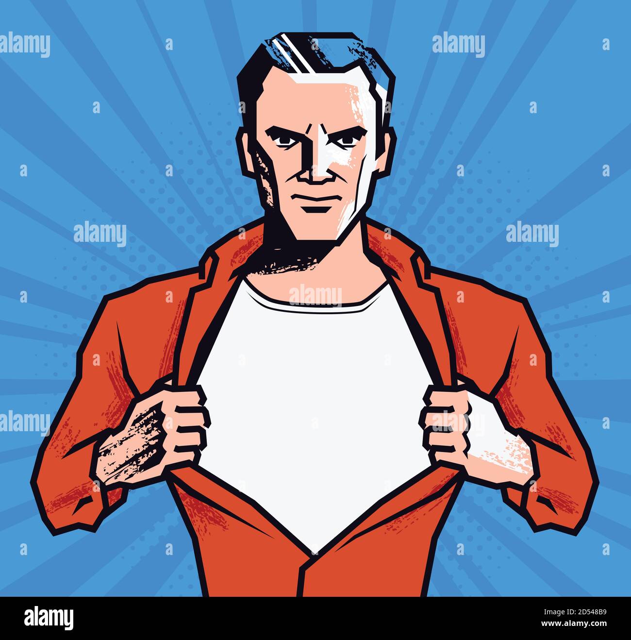 Geschäftsmann reißt sein Hemd. Super starke Mann Vektor Illustration im Stil Comic Pop Art Stock Vektor