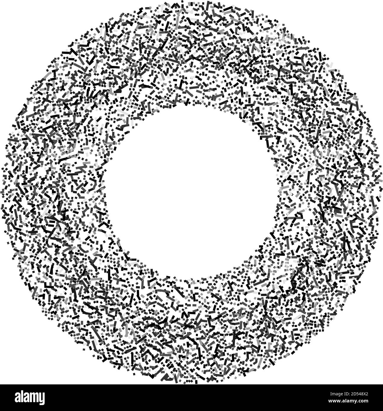 Graustufen zufällige Quadrate in Kreisbildung abstraktes geometrisches Element. Kreis, kreisförmiges Mosaik Stock Vektor