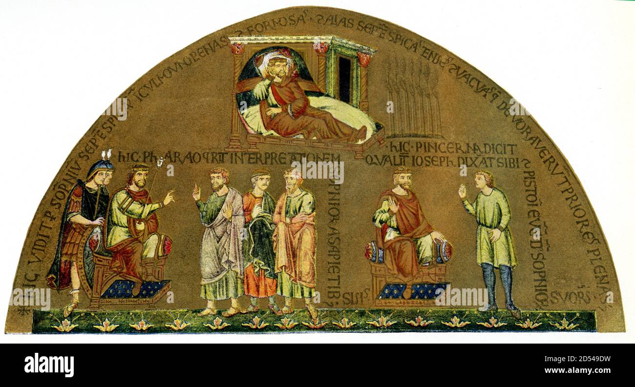 Die italienische Beschriftung dieser Illustration aus den 1920er Jahren lautet: Form di Letti e sedie dal mosaico storie de Faraone sec XIII Basilico San Marco vestibulo („Formen von Betten und Stühlen aus den Mosaikgeschichten des Pharao Basilico San Marco vestibulo“ aus dem 13. Jahrhundert). Die Szenen beziehen sich auf die biblische Geschichte von Joseph. Das Atrium der Markusbasilika in Venedig wurde im 13. Jahrhundert mit den Mosaiken der Kuppeln geschmückt. Drei Kuppeln auf der Nordseite des Atriums sind von den Geschichten von Joseph, Interpret von Träumen, aufrecht und Leiden besetzt. Von seinen Brüdern und U in die Sklaverei verkauft worden Stockfoto