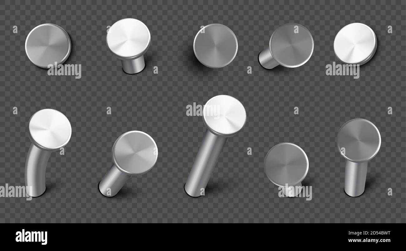 Eisennägel in die Wand gehämmert, gerade und gebogene Stahlspitzen mit Kreiskopf. Vector realistische Satz von Metallstiften, Hardware Hobnails, Zimmerei und Bauwerkzeuge isoliert auf transparentem Hintergrund Stock Vektor