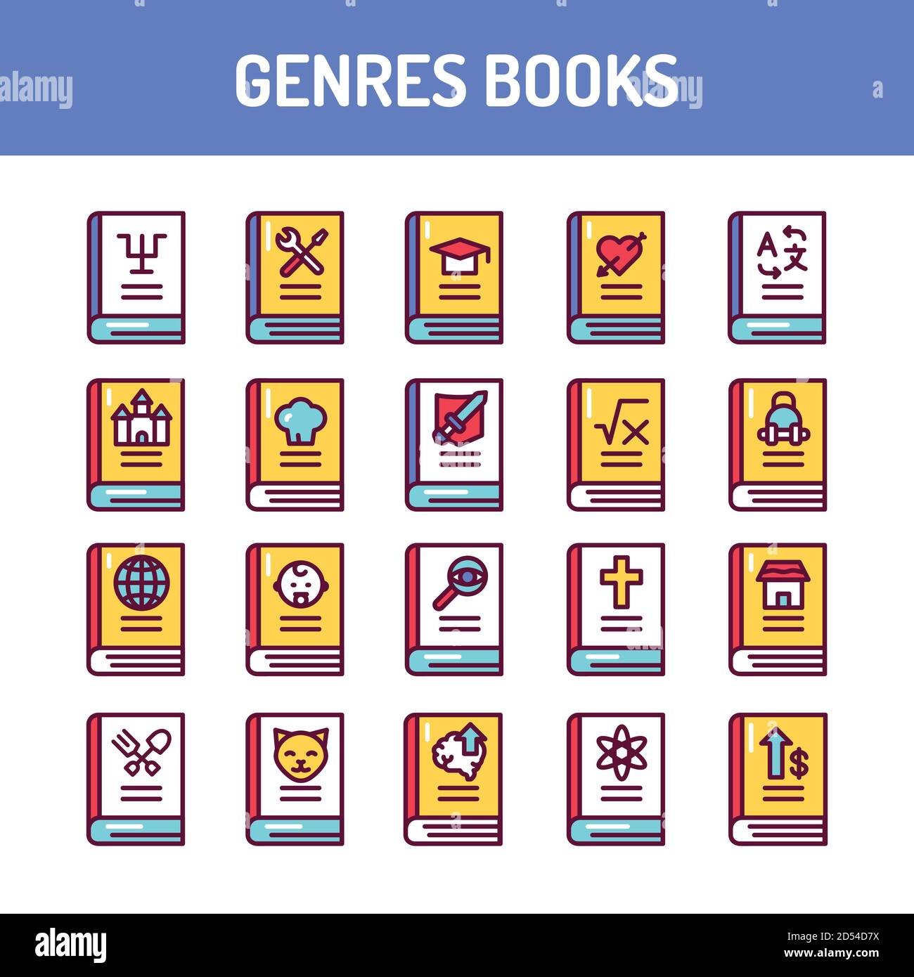 Genres der Bücher Farbe Linie Symbole gesetzt. Vektorgrafik Stock Vektor
