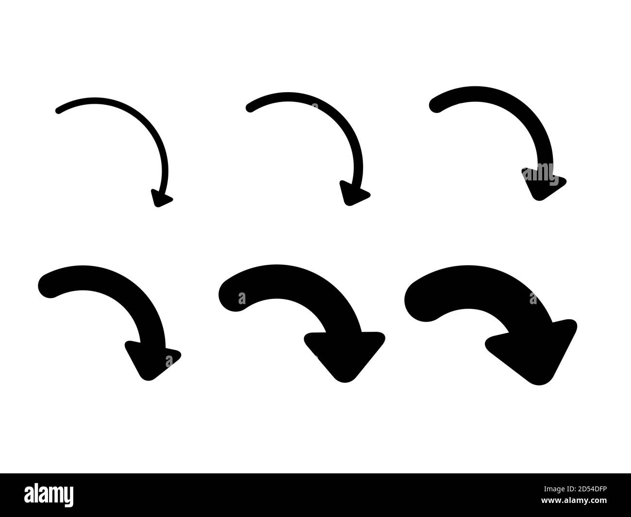 Setzen Sie Pfeile und Richtungen Zeichen rechts oder weiter. Verschiedene Dicken von dünn bis dick. Schwarze Vektorpfeile auf weißem Hintergrund isoliert. Stock Vektor