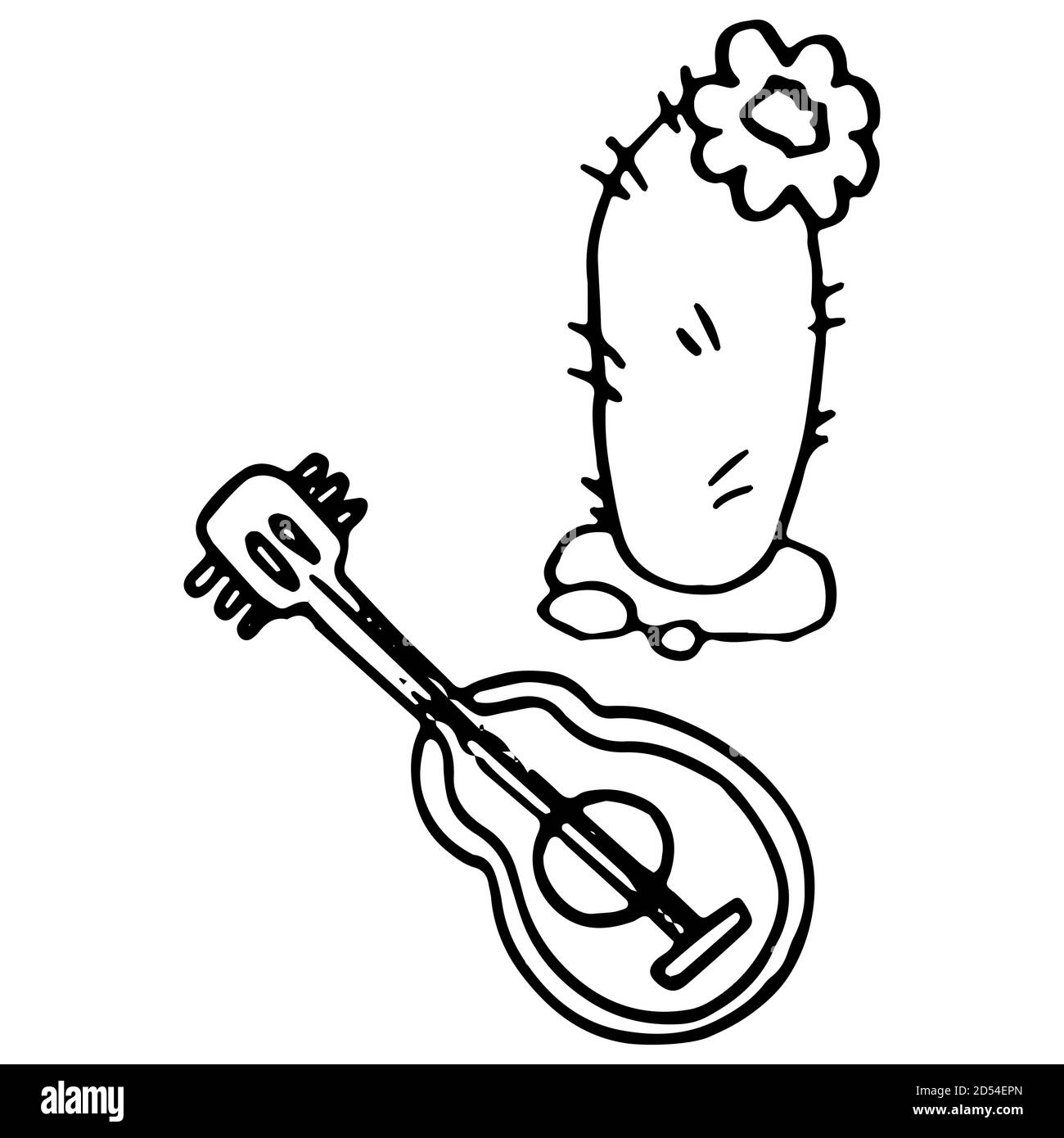 Gitarre und Kaktus-Ikone auf weißem, isoliertem Hintergrund. Tag der Toten Symbol für Einladung oder Geschenkkarte, Notebook, Bad Fliesen, Sammelalbum Telefon Fall oder cl Stock Vektor
