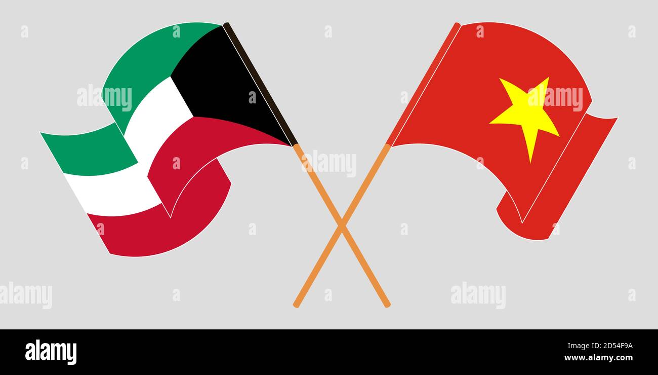 Gekreuzte und winkende Flaggen von Kuwait und Vietnam. Vektorgrafik Stock Vektor