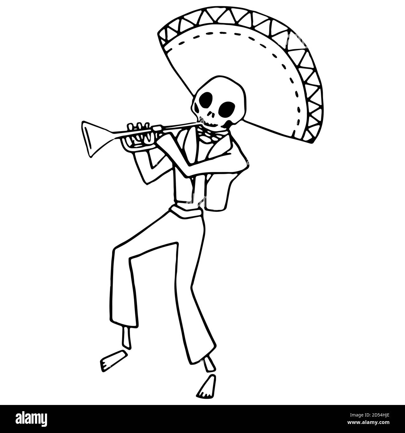 Skelett Trompeter auf weißem isolierten Hintergrund. Tag der Toten Symbol für Einladung oder Geschenkkarte, Notebook, Badetuch, Scrapbook Phone Case oder c Stock Vektor