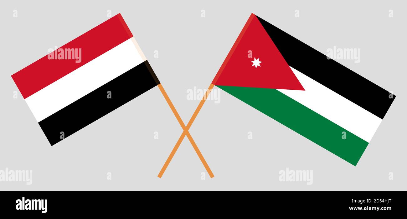 Gekreuzte Flaggen von Jordanien und Jemen. Offizielle Farben. Korrektes Verhältnis. Vektorgrafik Stock Vektor