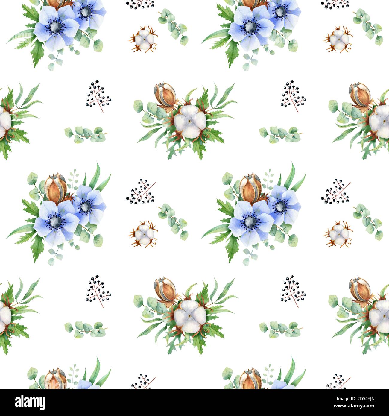 Nahtloses Muster aus Anemone mit Eukalyptus und Baumwollblumen für Stoff, Hochzeitseinladung, Kartenhintergründe auf weiß Stockfoto