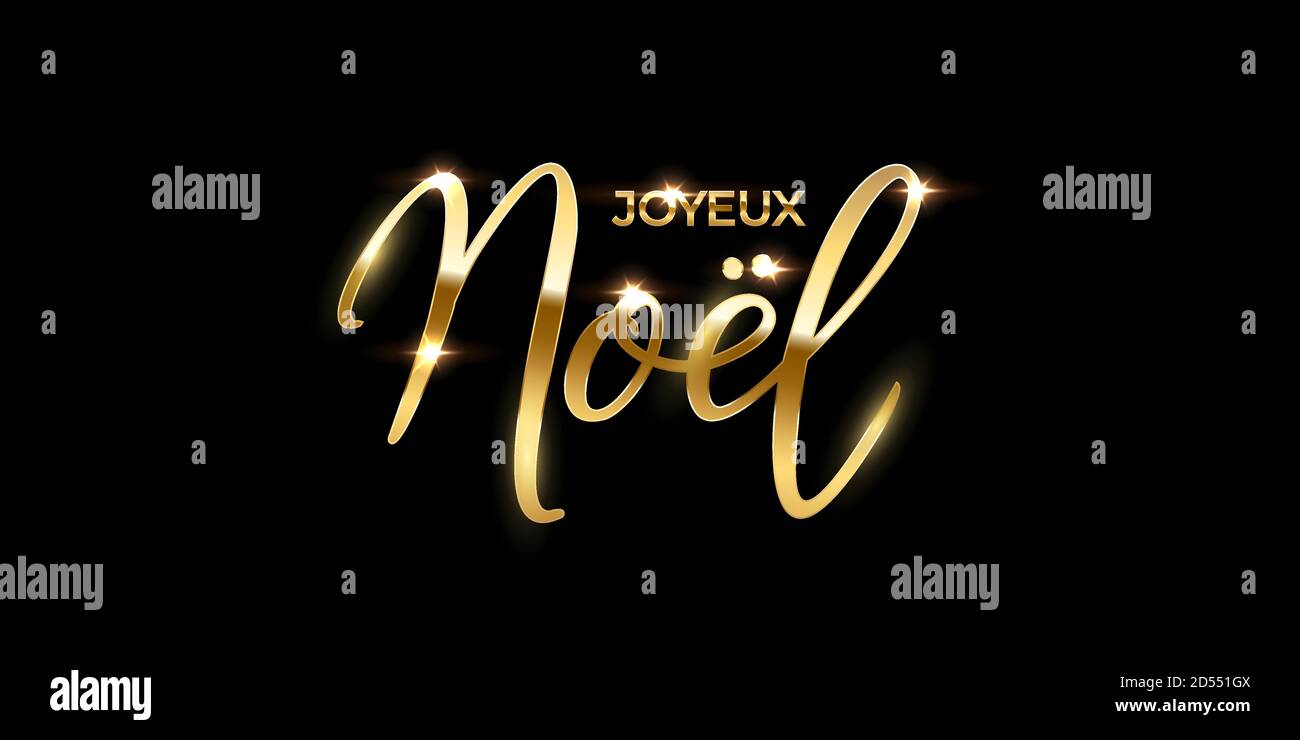 Französische Weihnachten Luxus Design Vorlage. Golden Vector Joyeux Noel Text isoliert auf schwarzem Hintergrund. Stock Vektor