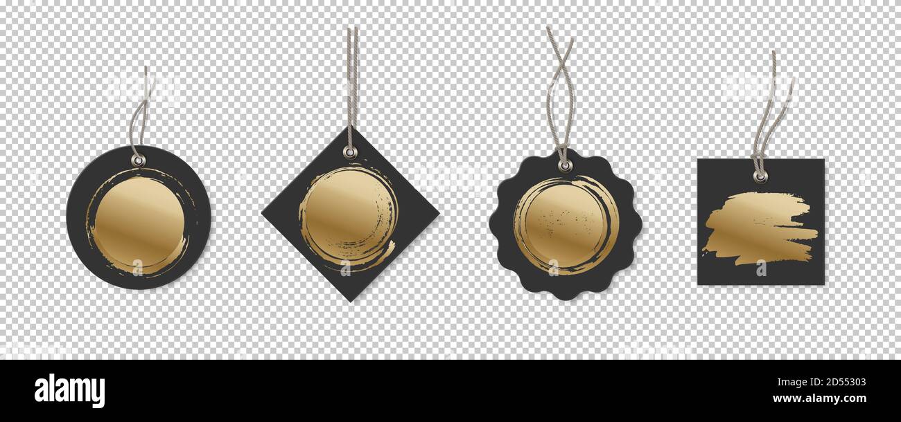 Schwarze Preis- oder Etikettenanhänger mit Gold Pinsel Mockup Schablone Set. Karten mit Saiten für den Verkauf von verschiedenen Formen: Rund, Rechteck, Quadrat. Aufkleber auf Stock Vektor