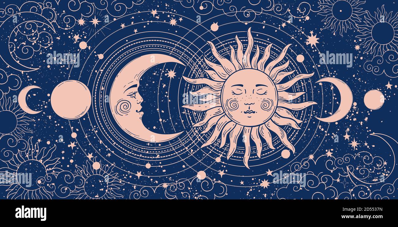 Magisches Banner für Astrologie, Tarot, Boho Design. Weltkunst, Halbmond und Sonne auf blauem Hintergrund. Esoterische Vektorgrafik, Muster Stock Vektor